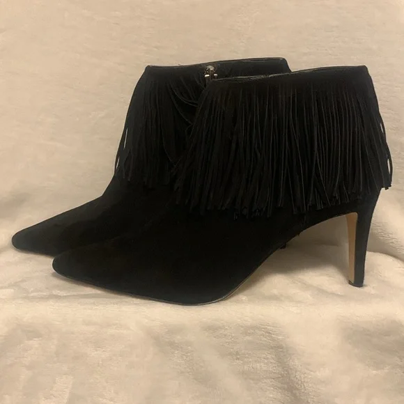 Sam Edelman Kandice Black Suede Pointed Toe Fringed Ankle Booties Boots Size 9. - Picture 2 of 6